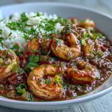 A spoonful of Classic New Orleans Étouffée reveals a rich, dark roux with tender shrimp and vegetables.
