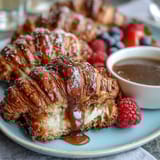 Elegant Mothers Day brunch board with flaky pastries, fresh berries, and mimosas for a festive celebration.