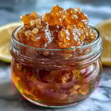 Vibrant dandelion jelly with fresh lemon and honey, glistening in a glass jar, perfect for brightening your breakfast table.