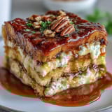 Rich Mexican bread pudding with layers of raisins, dried fruit, and crunchy pecans, drizzled with warm cinnamon-spiced syrup.