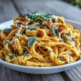 A hearty bowl of Creamy Pumpkin Sage Pasta, garnished with herbs.