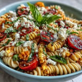 Vibrant summer corn and tomato pasta salad, a refreshing, easy side dish.