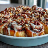 Golden brown peach cobbler cinnamon roll casserole, drizzled with sweet icing.