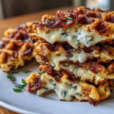 Golden brown mashed potato waffle melts filled with savory cheese and served decadently.