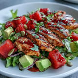 Refreshing Chili Lime Watermelon Chicken Salad, perfectly grilled chicken with crisp fruit.