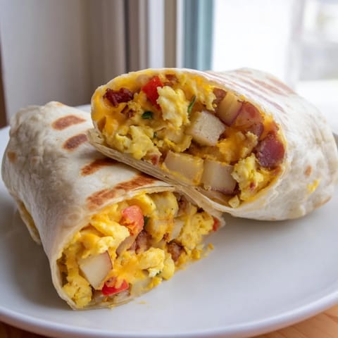 A close-up of a freshly made breakfast burrito cut in half, showing fluffy scrambled eggs, crispy potatoes, and melted cheddar cheese.