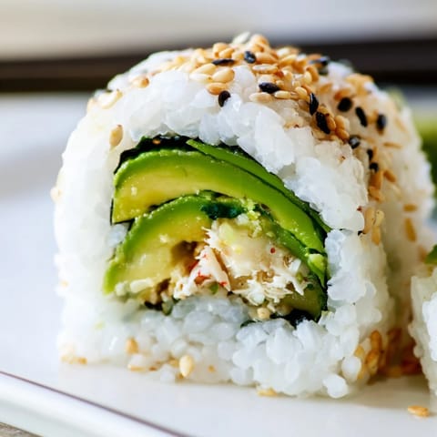Freshly sliced California Roll sushi arranged neatly on a plate, showcasing creamy avocado and imitation crab filling with a side of pickled ginger.