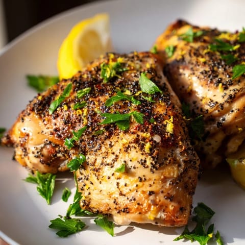 Sizzling pan-seared Lemon Pepper Chicken with a juicy interior, highlighted by fresh parsley and bright lemon slices.