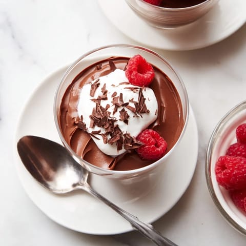 Silky chocolate pudding layered in a glass with a dollop of whipped cream.
