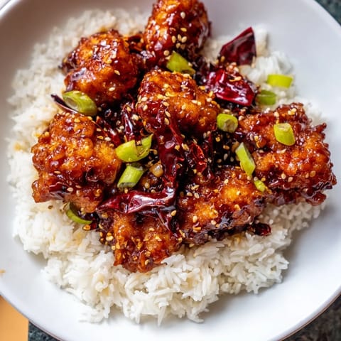 Freshly sliced green onions and toasted sesame seeds garnish this sizzling General Tsos Chicken, ready to be enjoyed with chopsticks.