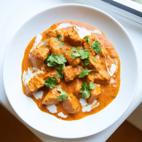 Sizzling Chicken Tikka Masala served alongside fluffy basmati rice and warm naan bread for dipping.