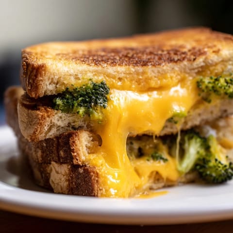 A close-up of a golden, crispy Roasted Broccoli & Cheddar Grilled Cheese sandwich, with melted sharp cheddar oozing and tender broccoli florets peeking from the sides.