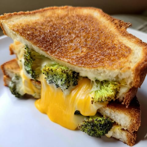 Freshly roasted broccoli florets and melted sharp cheddar cheese nestled between two buttery, golden-brown sourdough slices of Roasted Broccoli & Cheddar Grilled Cheese.