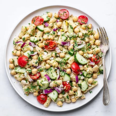 A vibrant bowl of Lemon Herb Chickpea Pasta Salad with diced cucumber, halved cherry tomatoes, and fresh dill in a zesty lemon dressing.
