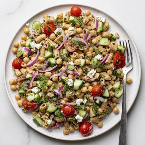 Bright, chilled Lemon Herb Chickpea Pasta Salad garnished with feta crumbles, olives, and chopped herbs, served in a white bowl for summer picnics.