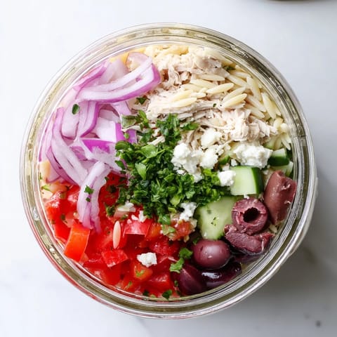 Clear mason jar displays colorful Greek Pasta Chicken Salad layers with olives, red onion, and a tangy oregano dressing.