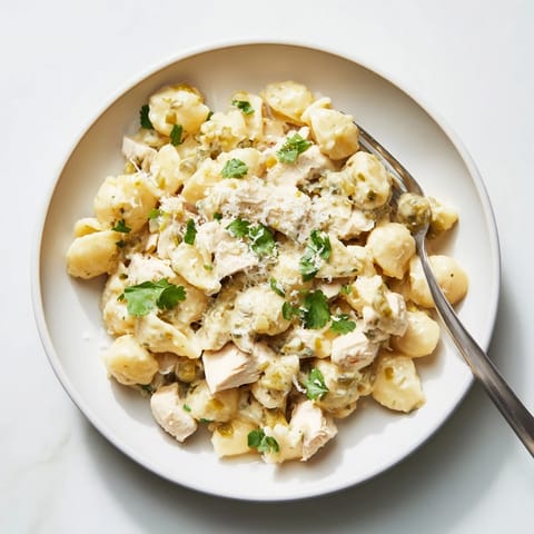 A hearty bowl of Green Chili Chicken Mac with tender chicken and melted Monterey Jack cheese.  