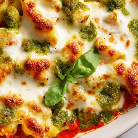 Golden-brown Pesto Chicken Pasta Bake emerges from the oven with bubbly mozzarella and vibrant basil, ready for a family dinner.