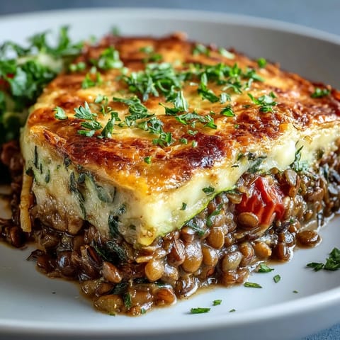 Golden baked green lentil casserole dish, a comforting vegetarian meal ready.