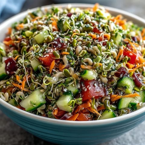 Vibrant Sprouted Seed Salad with crisp vegetables and zesty lemon dressing, ready to serve.
