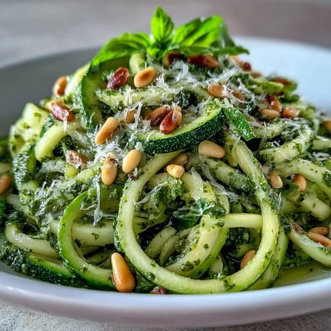 Freshly made zucchini noodles generously coated in bright basil pesto.