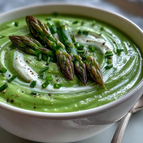 Creamy Asparagus Soup in a rustic bowl, garnished with fresh chives and tender blanched tips.