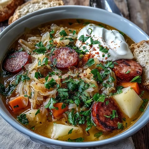 Hearty Sauerkraut Soup steaming in a rustic bowl, topped with sour cream and fresh parsley.