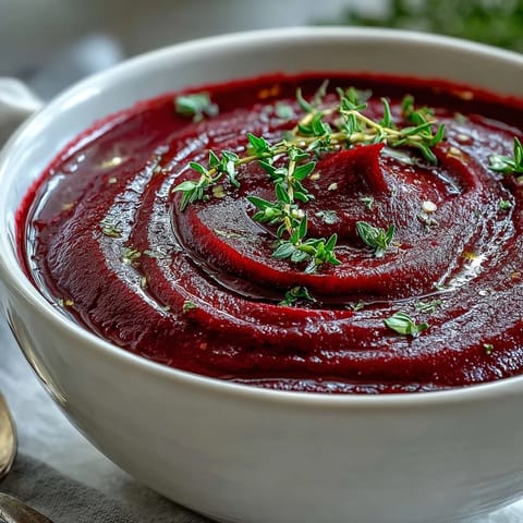 Creamy roasted beet soup in a rustic bowl with a thyme garnish, ready to serve.