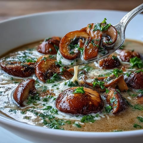 A rich bowl of mushroom soup with earthy sautéed mushrooms and a swirl of cream.