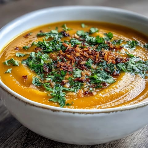 Close-up of creamy Carrot and Coconut Soup in a white bowl, topped with cilantro and toasted coconut flakes.