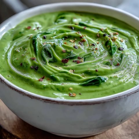 Vibrant green spinach soup with a rustic spoon, served alongside crusty artisan bread for dipping.