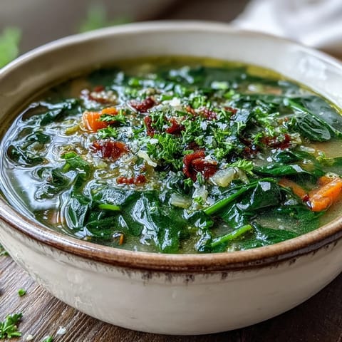 A close-up of Swiss Chard Soup in a white ceramic bowl, garnished with fresh parsley and lemon juice.