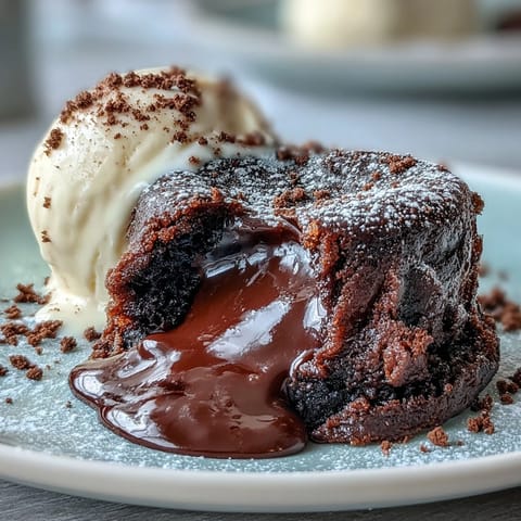 Freshly baked Chocolate Lava Cakes with Espresso sit on a white plate, a warm, molten chocolate center cascading down the sides.