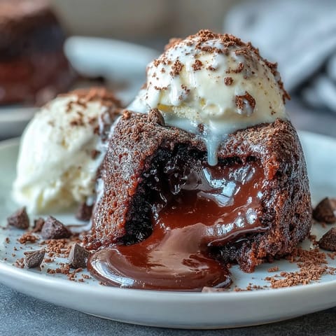 Four warm Chocolate Lava Cakes with Espresso are ready to serve, placed near a scoop of vanilla ice cream and two espresso cups.