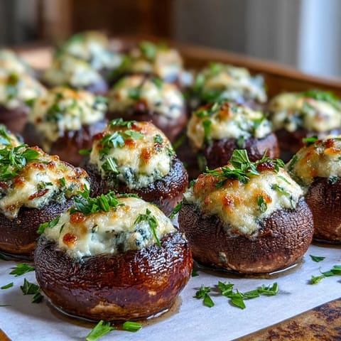 Golden-brown Stuffed Asiago-Basil Mushrooms, brimming with creamy cheese and fresh herbs, arranged on a rustic serving platter.