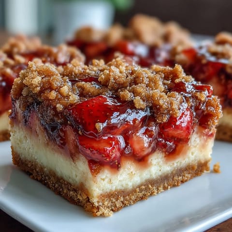 Creamy Strawberry Cheesecake Bars sliced neatly, revealing layers of crust and fresh berries.