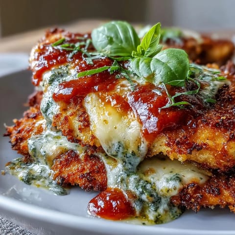 Golden-brown breaded chicken breasts topped with basil pesto and bubbly Parmesan cheese, ready to serve from a white ceramic baking dish.