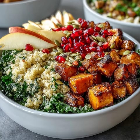 Freshly roasted sweet potatoes and massaged kale in a vibrant Kale Harvest Grain Bowl topped with pomegranate seeds and pepitas.