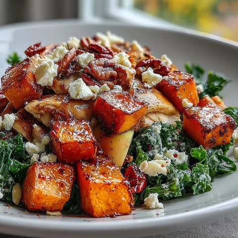 Fall Sweet Potato Harvest Bowl with sliced apples and crunchy toasted almonds, drizzled with tangy balsamic vinaigrette on a rustic table.