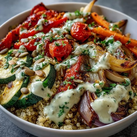 Freshly roasted red bell peppers, zucchini, and carrots sit atop fluffy quinoa in this nourishing Roasted Vegetable Quinoa Bowl, ready for a wholesome vegan dinner.