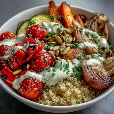 Colorful roasted vegetables and fluffy quinoa are drizzled with creamy tahini sauce in this vibrant Roasted Vegetable Quinoa Bowl, perfect for an easy weeknight meal.