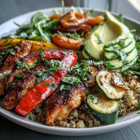 Golden pan-fried chicken and smoky paprika roasted vegetables fill a bowl over fluffy quinoa.