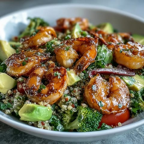 Freshly sautéed shrimp and crisp blanched broccoli sit atop fluffy quinoa in this nourishing Rainbow Vegetable Detox Bowl, drizzled with tangy balsamic.