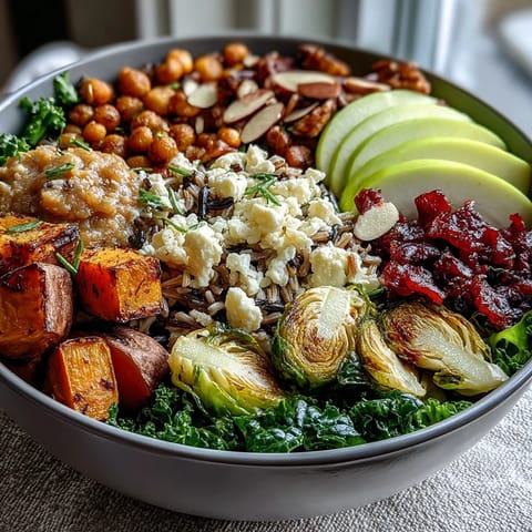 Savory Fall Harvest Bowl with roasted Brussels sprouts, crispy chickpeas, and a drizzle of tangy maple mustard dressing.