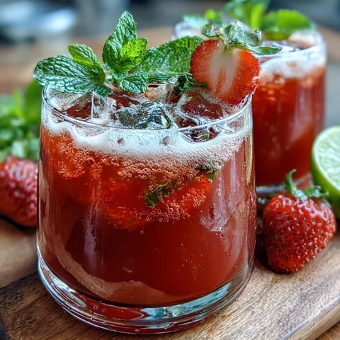 A vibrant glass of strawberry lemon sparkling mocktail, garnished with fresh mint and lemon slices, perfect for spring celebrations.