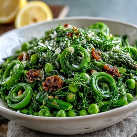 Shaved asparagus and pea salad with lemon dressing, a vibrant spring dish with crisp greens and zesty citrus flavor.