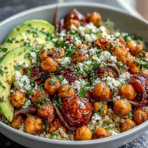 Vibrant lemon vinaigrette grain bowls with roasted chickpeas, fresh vegetables, and avocado slices for a healthy, plant-based meal.  