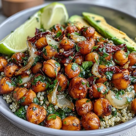 Mediterranean-inspired grain bowls featuring crispy chickpeas, quinoa, cherry tomatoes, and a tangy lemon dressing for a fresh, colorful lunch.  