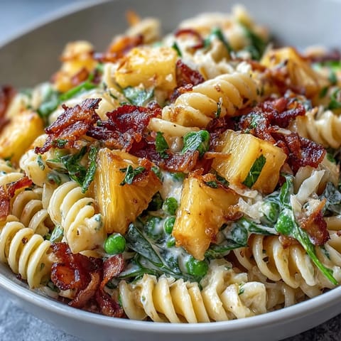 Creamy Hawaiian pasta salad featuring tender ham, sweet pineapple, and crisp veggies tossed in ranch, served chilled for a refreshing side.  