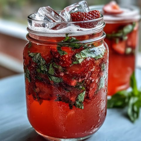 A vibrant pitcher of strawberry basil lemonade mocktail with fresh strawberries and basil leaves floating in ice-cold lemonade.